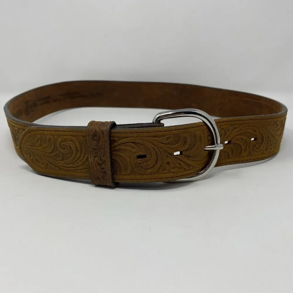 Justin Men's 30 USA Tan Belt Western Scroll Tooled Top Grain Soft Leather Cowboy